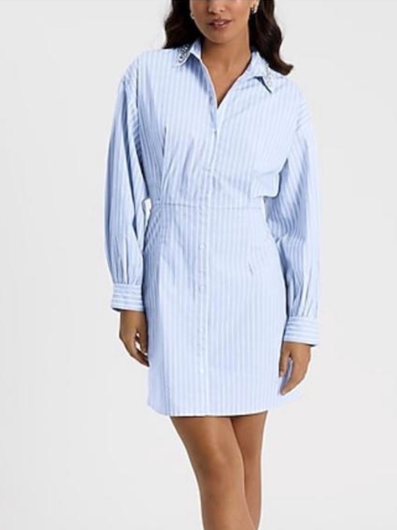 Express Striped Embellished Collar Mini Shirt Dress